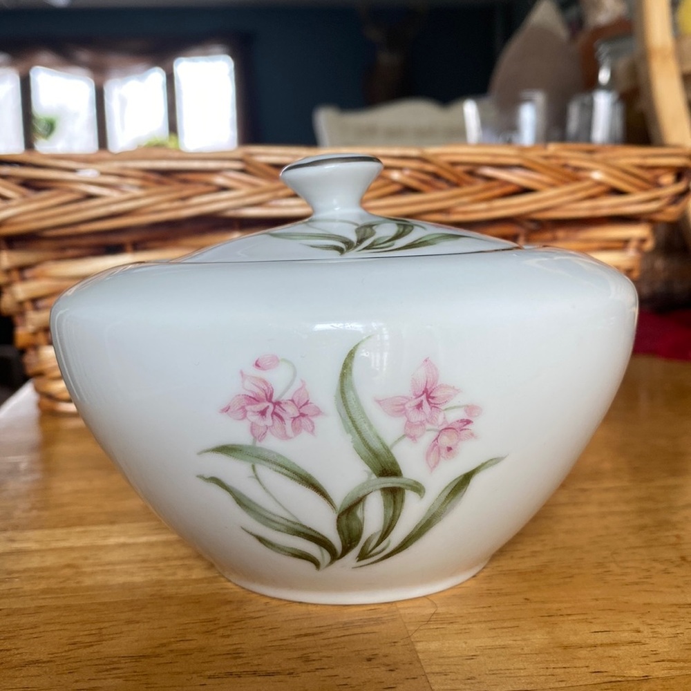 Vintage pink orchid Japan fine China sugar bowl with lid